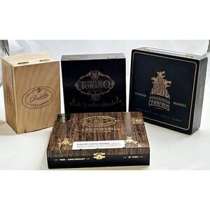 Lot of 4 Empty Wooden Cigar Boxes- Montecristo, Padilla, Carlos Torano, Cerberus